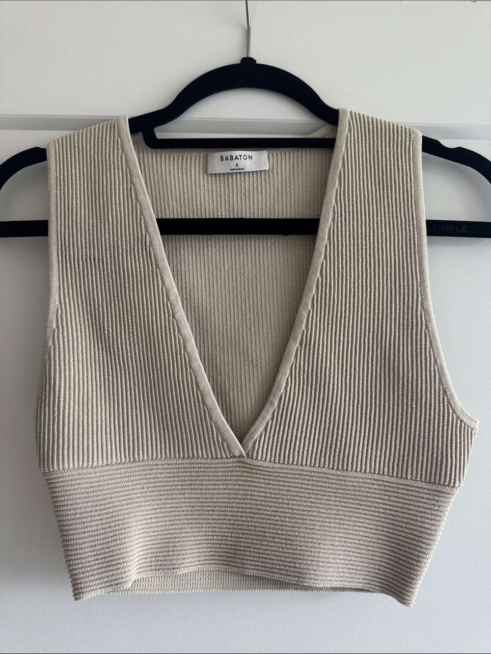Aritzia Babaton Cream Ribbed V-Neck Crop Top